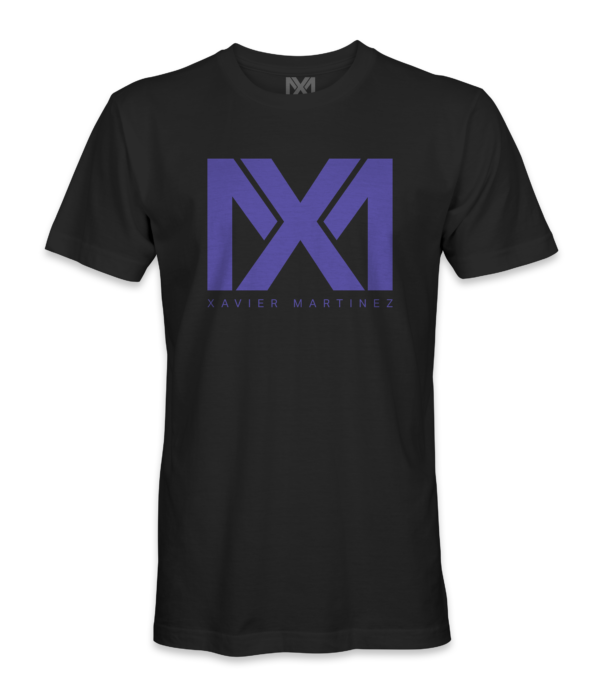 Black shirt with purple XM logo.